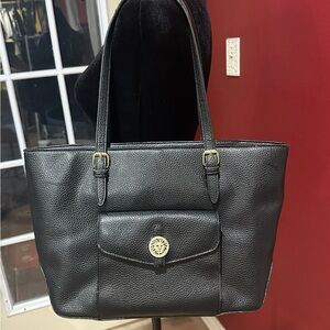 Anne Klein Black Faux Leather Tote Shoulder Bag Gold Logo Pocket Medium